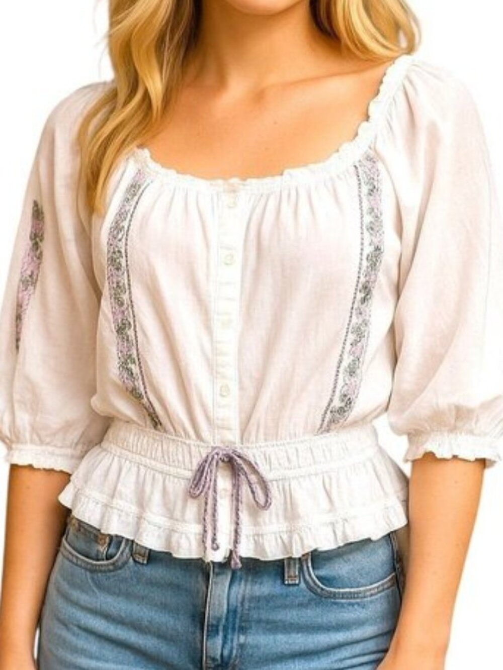 Si Style White Peasant Blouse Lavender Cinch Waist Medium